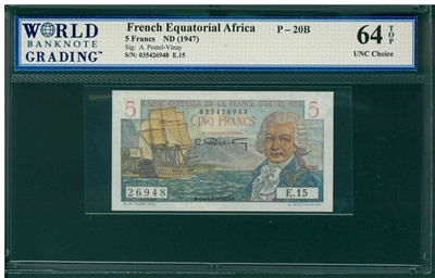 French Equatorial Africa, P-20B, 5 Francs, ND (1947), Signatures: A. Postel-Vinay, 64 TOP UNC Choice