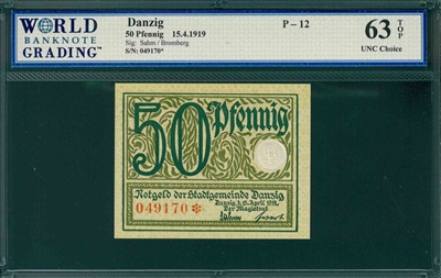 Danzig, P-12, 50 Pfennig, 15.4.1919, Signatures: Sahm/Bromberg, 63 TOP UNC Choice