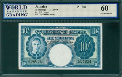 Jamaica, P-38b, 10 Shillings, 1.11.1940, Signatures: A.H. Hodges, 60 Uncirculated, , COMMENT: staining