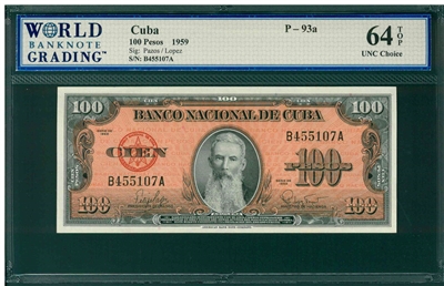 Cuba, P-93a, 100 Pesos, 1959, Signatures: Pazos/Lopez, 64 TOP UNC Choice