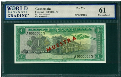 Guatemala, P-52s, 1 Quetzal, ND (1964-72), Signatures: three unsigned, 61 Uncirculated