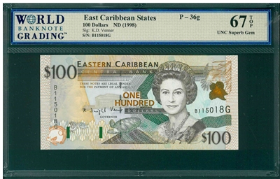 East Caribbean States, P-36g, 100 Dollars, ND (1998), Signatures: K.D. Venner, 67 TOP UNC Superb Gem