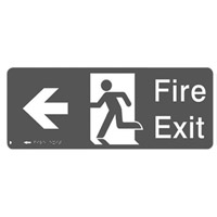 Braille Signs - Fire Exit Left (with running man Pictogram) - White On Green - Plastic - 450x150
