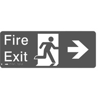 Braille Signs - Fire Exit Right (with running man Pictogram) - White On Green - Plastic - 450x150