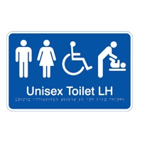 Braille Sign - Unisex Accessible Toilet Left Hand & Baby Change - White On Blue - Plastic - 300x190