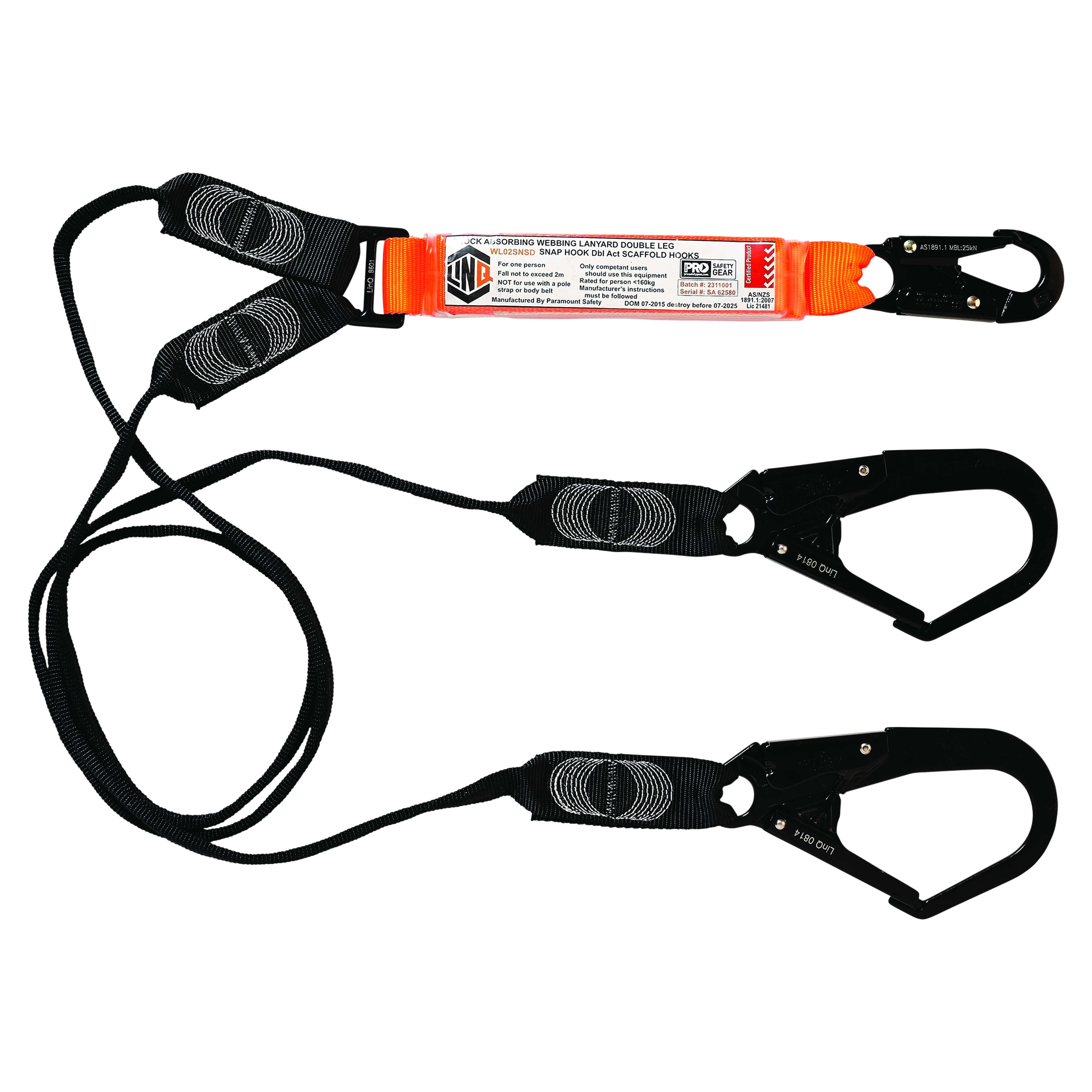 LINQ Double Webbing Lanyard with 1 x Snap Hook and 2 x Double Action Scaff Hooks