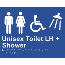 White On Blue - Braille Sign Unisex Toilet LH + Shower - Plastic - 235x180