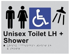 Black On Silver - Braille Sign Unisex Toilet LH + Shower - Plastic - 235x180