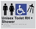 Black On Silver - Braille Sign Unisex Toilet RH + Shower - Plastic - 235x180