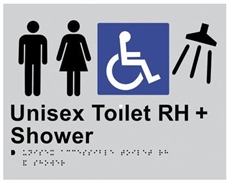 Black On Silver - Braille Sign Unisex Toilet RH + Shower - Plastic - 235x180