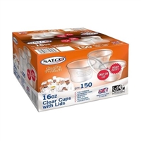 Satco 16oz Plastic Round Clear Cups and Lids  (Pack of 150)
