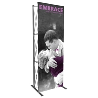Embrace 1x3 popup trade show booth with front dye-sub SEG fabric graphic