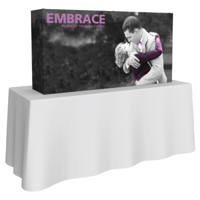 Embrace 2x1 popup trade show booth with Full Fitted Graphic  dye-sub SEG fabric graphic perfect for table top displays