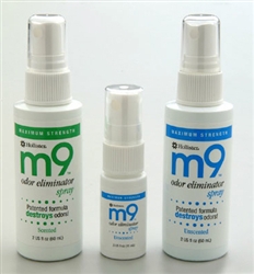 M9 Odor Eliminator Spray Room Deodorizer 2 ounce and 8 ounce spray bottles