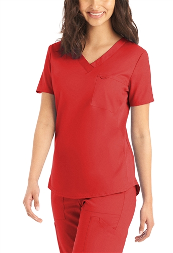 Landau ProFlex womenâ€™s 2-pocket V-neck scrub top with modern fit, rib-knit side panels, and princess seams