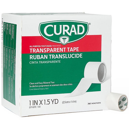 CURAD Transparent Plastic Medical Adhesive Tape 1" x 1.5 Yards Breathable Easy Tear 100/Box