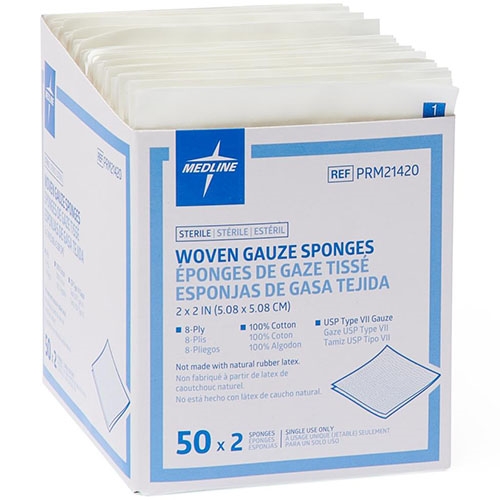Medline Woven Sterile 8-Ply Gauze Sponges 2" x 2", USP Type VII, Sterile Wound Dressing, 100/Box