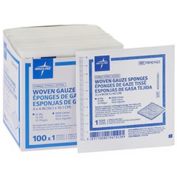 Medline Woven Sterile 12-Ply Gauze Sponges 4" x 4", Sterile Wound Dressing, 100/Box