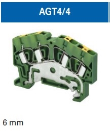 AGT4/4 - ALTECH - DIN Term Blk, Spring, Grnd; 4 Conn, 600V, 22-10AWG, 6mm, yellow/ green, Pkg/50