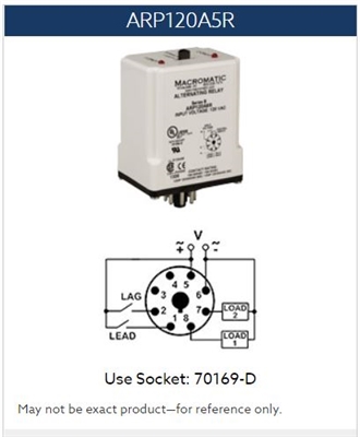 ARP120A5R - MACROMATIC - ARF & ARP Series Duplex Alternating Relay, Duplex Alternating Relay, 10 Amp, 12VAC, DPDT, 8 pin, selector switch, cross wired, use with Macromatic 70169-D
