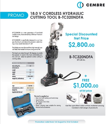 B-TC320NDFA - CEMBRE -  18.0 V  Cordless Hydraulic Cutting Tool, Crimping force of 6 tons, 12/10AWG to 600MCM (2596291), Bag/1