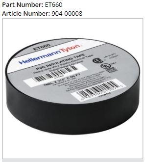 ET660/904-00008 - HELLERMANNTYTON - Electrical Tape, .75" x 66' Roll, 7.0 mil Thick, PVC, Black, 10 rolls/pkg, Article number: 904-00008