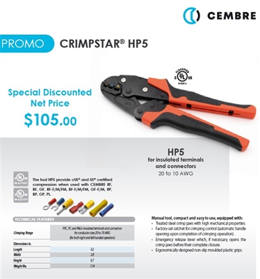 HP5 - CEMBRE - Crimpstar HP5 for insulated terminals and connectors 20 to 10  AWG