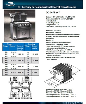 IC-0075-107 - DONGAN - Control Transformer; Primary 240x480V, 230x460, 220x440 , Secondary - 120/240, 115/230, 110/220
