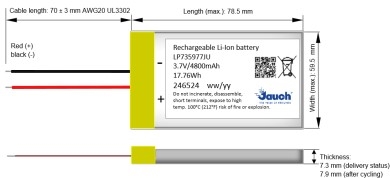 LP735977JH+PCM+2 WIRES 70MM - JAUCH - BATTERY LITH POLY 3.7V 4.8AH (PKG/1)