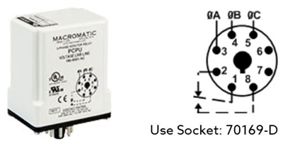 PCPU - MACROMATIC - 3-phase monitor relay, 190-500 VAC, 8 pin SPDT 10 amp relay,  phase reversal - fixed trip (Use 70169-D 8 pin socket)
