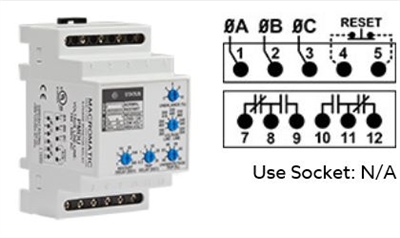 PMD575 - Macromatic - 3-phase monitor relay, 575 VAC, DIN Rail, 10 Amp DPDT relays, phase loss, reversal - fixed, unbalance, over/under voltage - adjustable