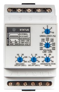 PMDU - MACROMATIC - 3-phase monitor relay, 190-500 VAC, DIN Rail, 10 Amp DPDT relays, phase loss, reversal - fixed, unbalance, over/under voltage - adjustable, Pkg/1