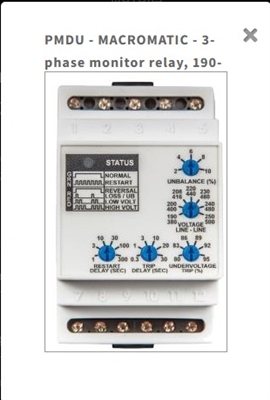 PMDU - MACROMATIC - 3-phase monitor relay, 190-500 VAC, DIN Rail, 10 Amp DPDT relays, phase loss, reversal - fixed, unbalance, over/under voltage - adjustable, Pkg/50