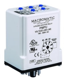 PMPU - MACROMATIC - 3-phase monitor relay, 190-500V, Plug-in, 10 Amp SPDT, Phase Loss, Reversal, Unbalance, Under/Overvoltage, Pkg/50