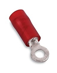 RA833 - T&B - Nylon Insulated Ring Terminal, Length .86 Inches, Width .26 Inches, Maximum Insulation .136, Stud #8, 22-16 AWG, Color Red, Copper, Tin Plated