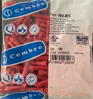 RV-BS - CEMBRE - RED 22-16AWG END TO END AND PARALLEL CONNECTORS, 2058620, Bag/100