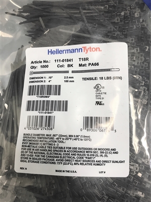 T18R0M4 (111-01841) - HELLERMANNTYTON - Standard Cable Tie, 4" Long, UL Rated, 18lb Tensile Strength, PA66, Black, 1000/pkg
