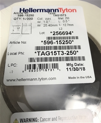 TAG15T3-250 (596-15250) - HELLERMANNTYTON - Thermal Transfer Labels, 1.0" x .5", 3 Across, Cloth, White, 10,000/roll
