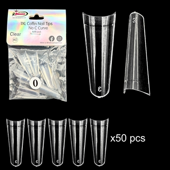 1XL COFFIN "No C Curve" Nail Tips CLEAR (REFILLS) #0