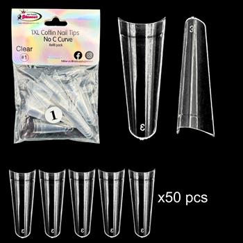 1XL COFFIN "No C Curve" Nail Tips CLEAR (REFILLS) #1