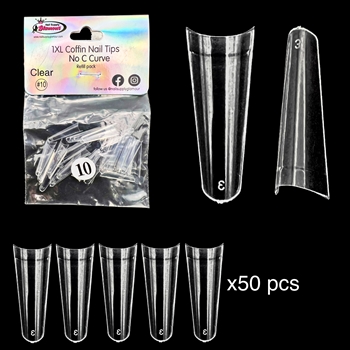 1XL COFFIN "No C Curve" Nail Tips CLEAR (REFILLS) #10