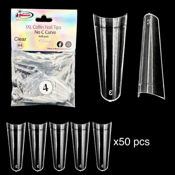 1XL COFFIN "No C Curve" Nail Tips CLEAR (REFILLS) #4