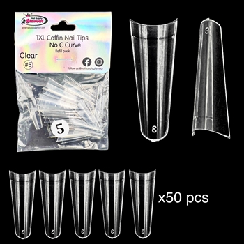 1XL COFFIN "No C Curve" Nail Tips CLEAR (REFILLS) #5