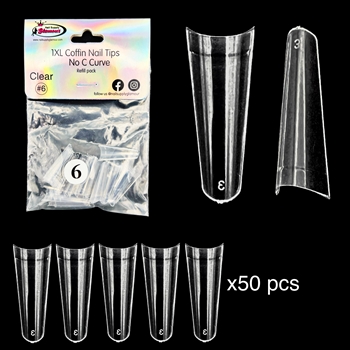 1XL COFFIN "No C Curve" Nail Tips CLEAR (REFILLS) #6