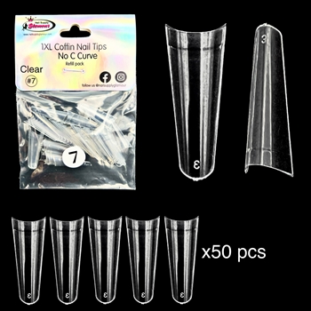 1XL COFFIN "No C Curve" Nail Tips CLEAR (REFILLS) #7
