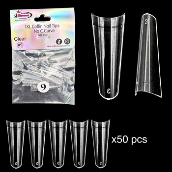 1XL COFFIN "No C Curve" Nail Tips CLEAR (REFILLS) #9