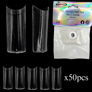 1XL SQUARE "No C Curve" Nail Tips CLEAR (REFILLS) #9