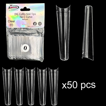 2XL COFFIN "No C Curve" Nail Tips CLEAR (REFILLS) #0
