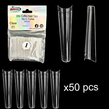 2XL COFFIN "No C Curve" Nail Tips CLEAR (REFILLS) #1