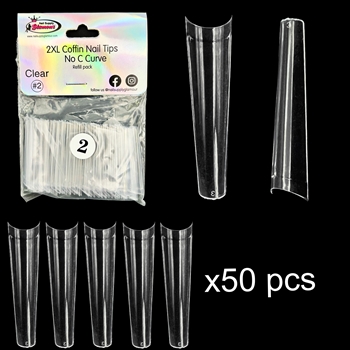 2XL COFFIN "No C Curve" Nail Tips CLEAR (REFILLS) #2